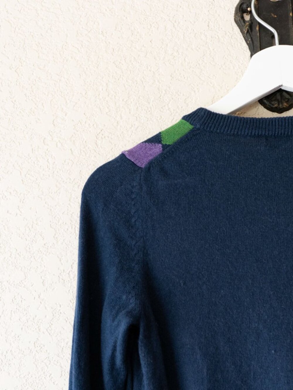 Banana Republic Argyle Sweater XS Navy Blue Angora Rabbit Blend 3/4Sleeve Preppy - Picture 10 of 14